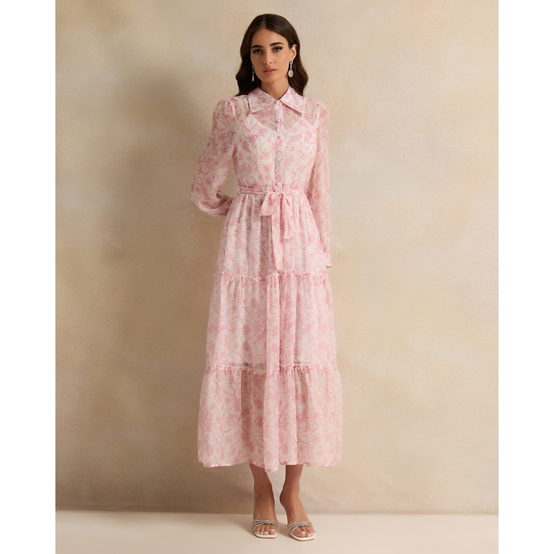 Women Pink Printed Collared Maxi Dress