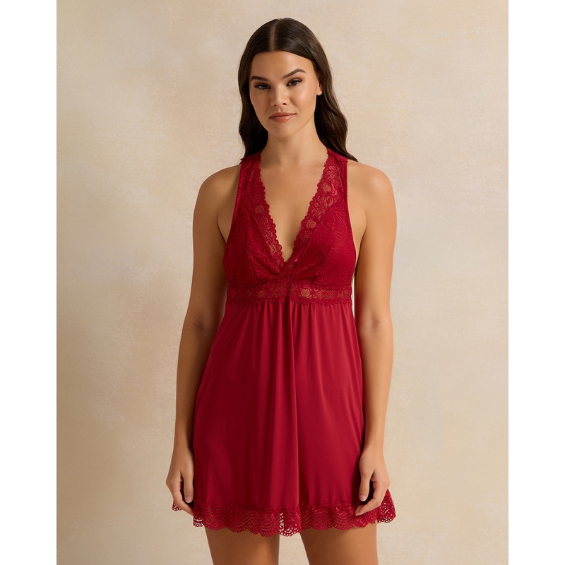 Women Red Lace Embellished Chemise