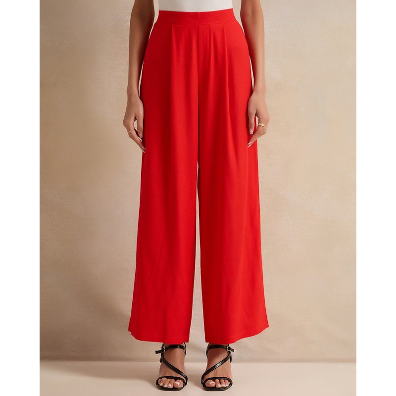Women Red Plain Wide Leg Trouser