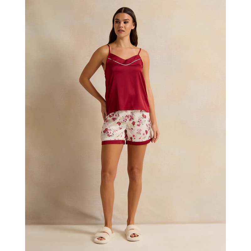 Women Red Printed Short Cami Set (2 Piece)