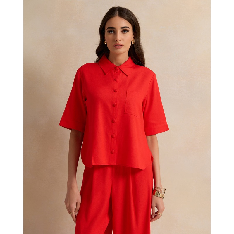 Women Solid Red Button Down Blouse