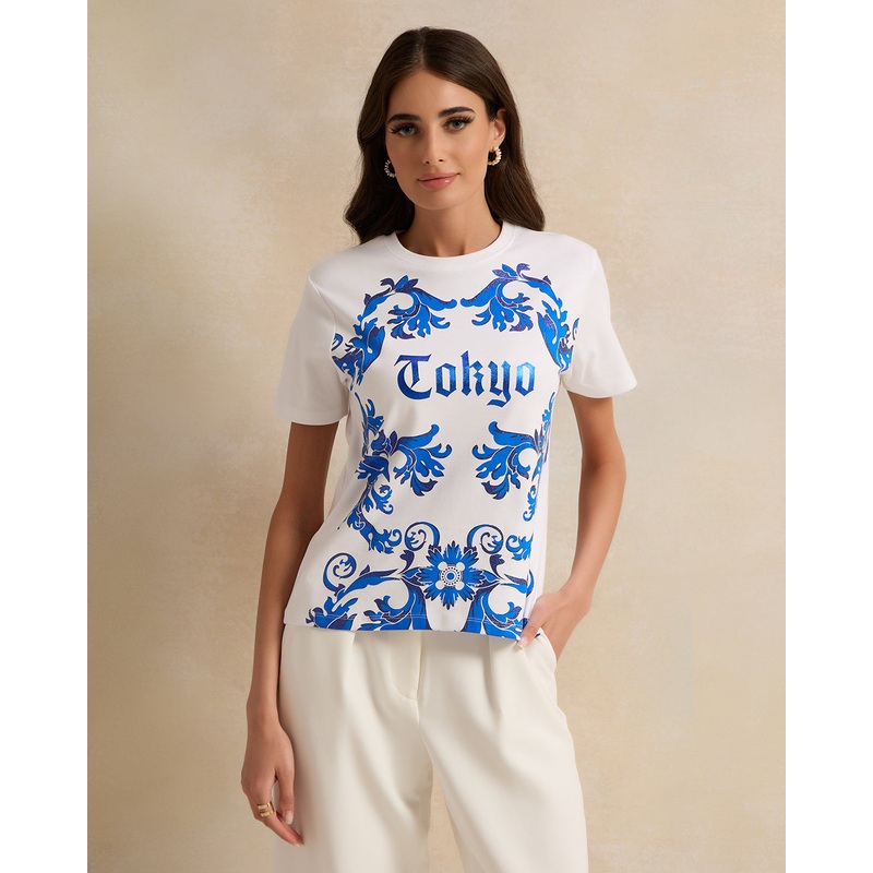 Women White And Blue Round Neck Printed T-Shirt