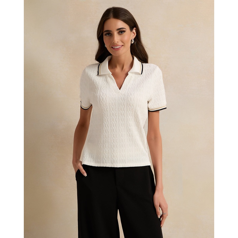 Women White Jacquard Polo Top|UK8|UK10|UK12|UK14|UK16|UK18