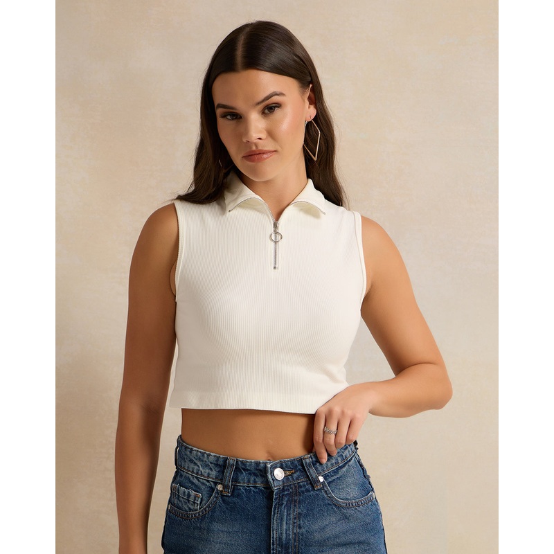 Women White Ribbed Collared T-Shirt