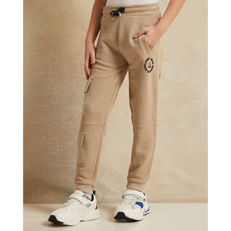 Boys Beige Printed Track Pants