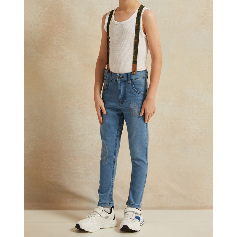 Boys Blue Embellished Jeans With Suspender