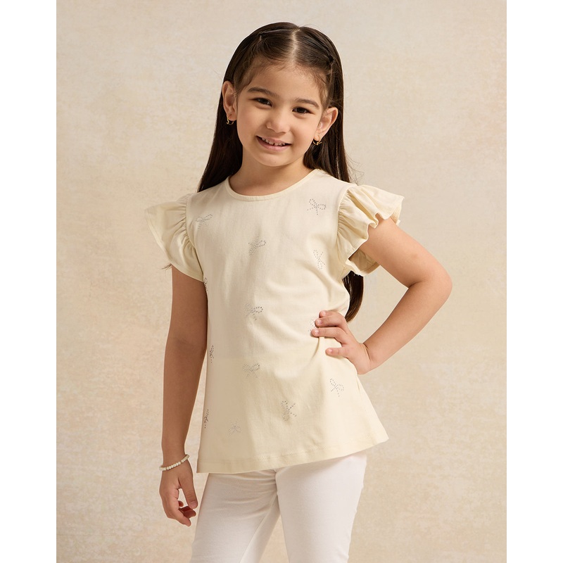 Girls Beige Rhinestone Casual Top