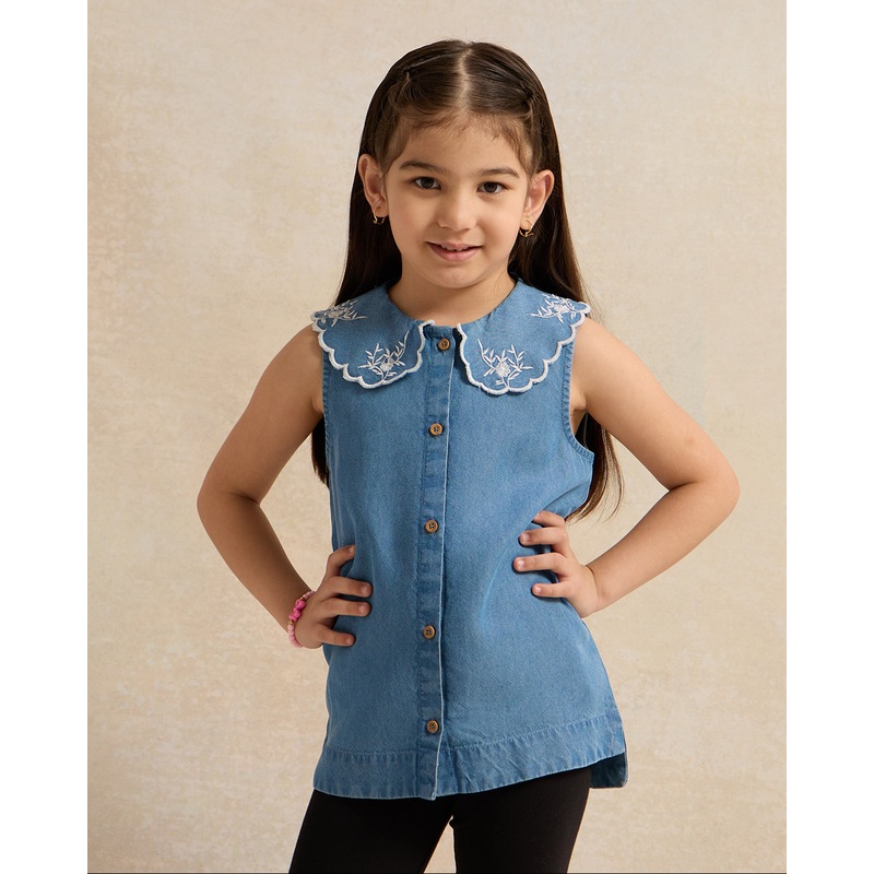 Girls Blue Button Front Collar Blouse