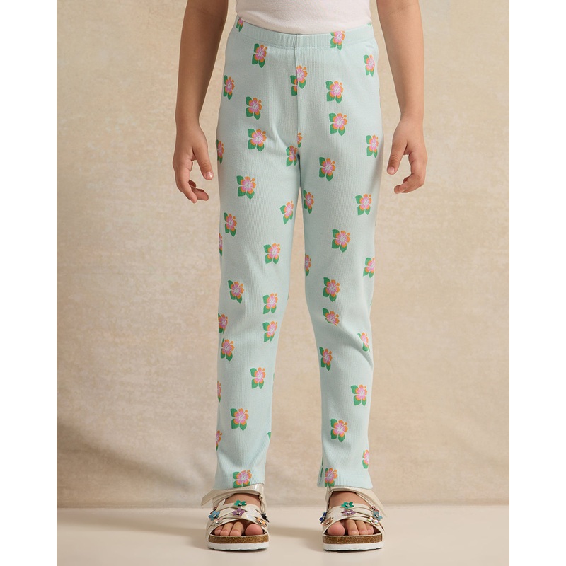 Girls Blue Floral Print Rib Leggings