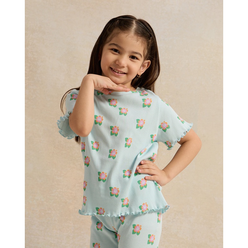 Girls Blue Flower Print T-Shirt