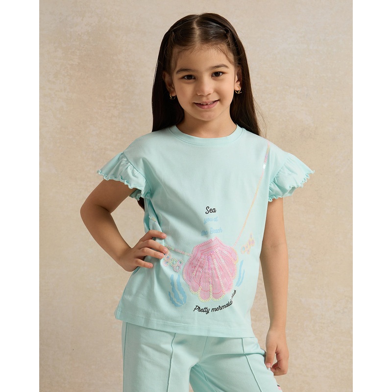 Girls Blue See You At Beach Print T Shirt With Frill Sleeve