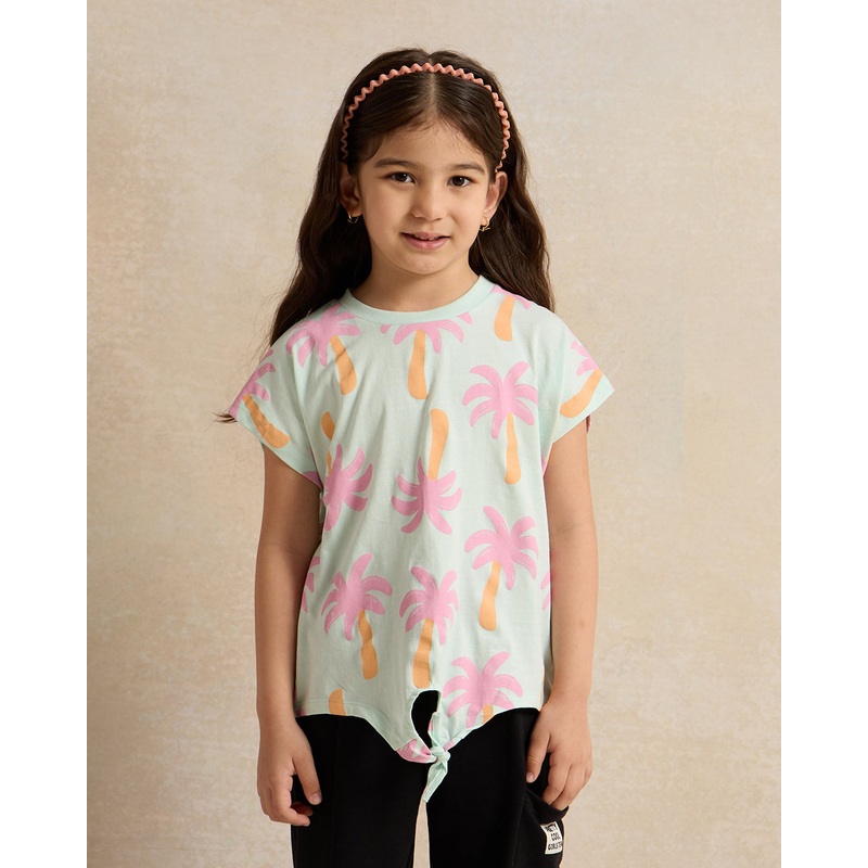 Girls Green Printed Crop T-Shirt