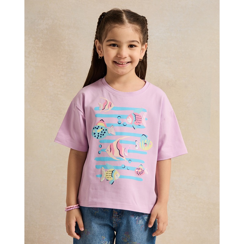 Girls Lilac Ocean Placement Print Boxy T Shirt