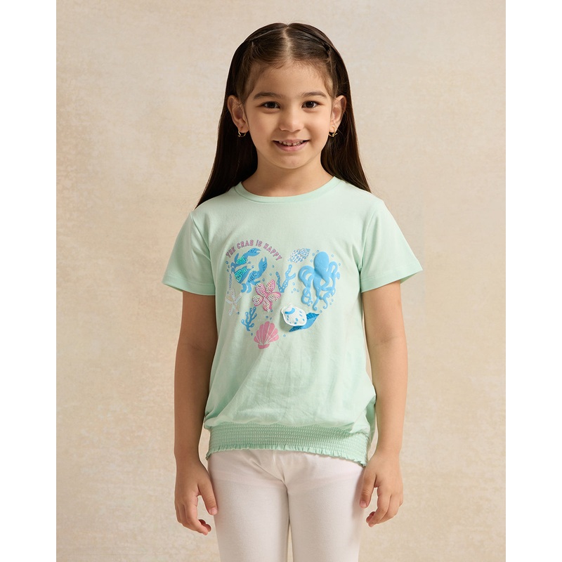 Girls Mint Fish Print With Glitter Casual T-Shirt