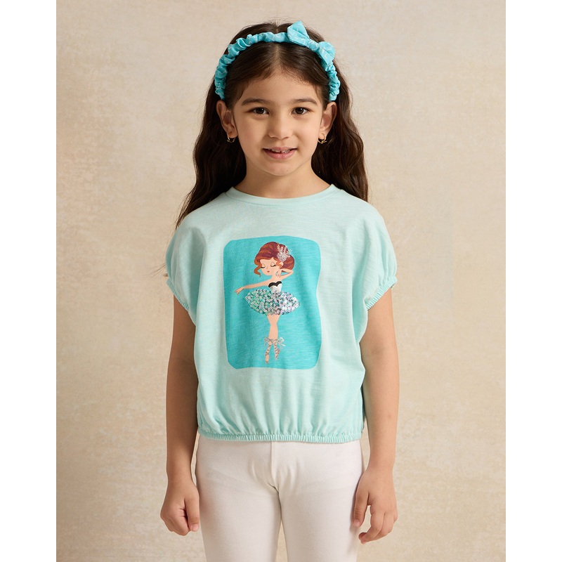 Girls Mint Mermaid Print With Sequins T-Shirt