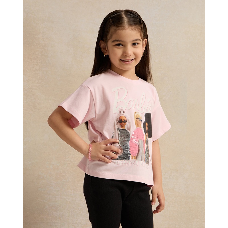 Girls Pink Barbie Sequins T-Shirt