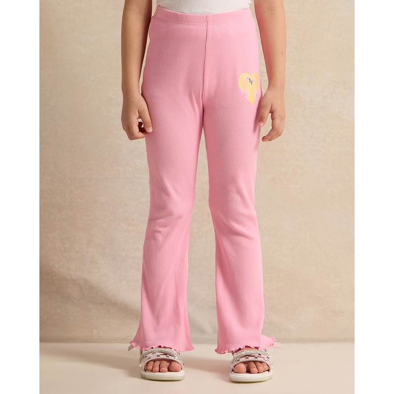 Girls Pink Flamingo Print Flared Leggings