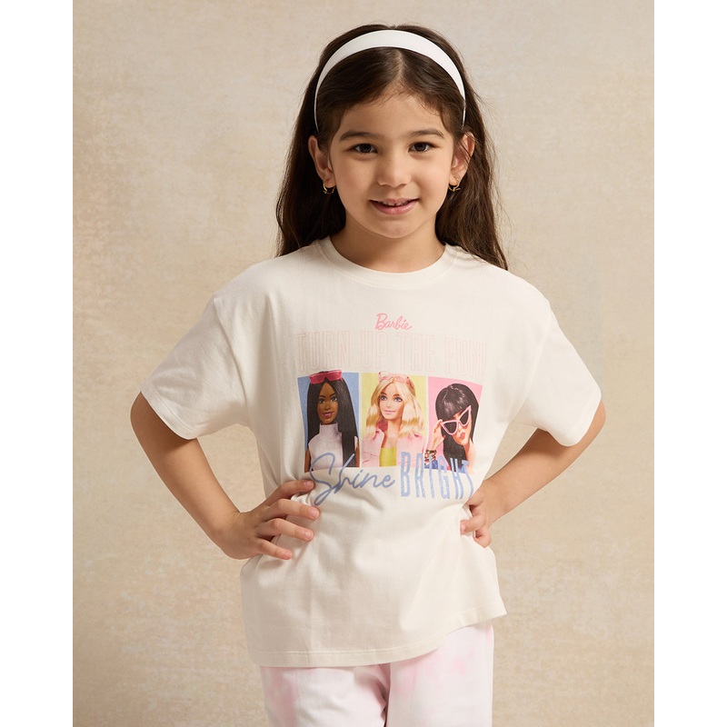 Girls White Barbie Placement Print Casual T-Shirt
