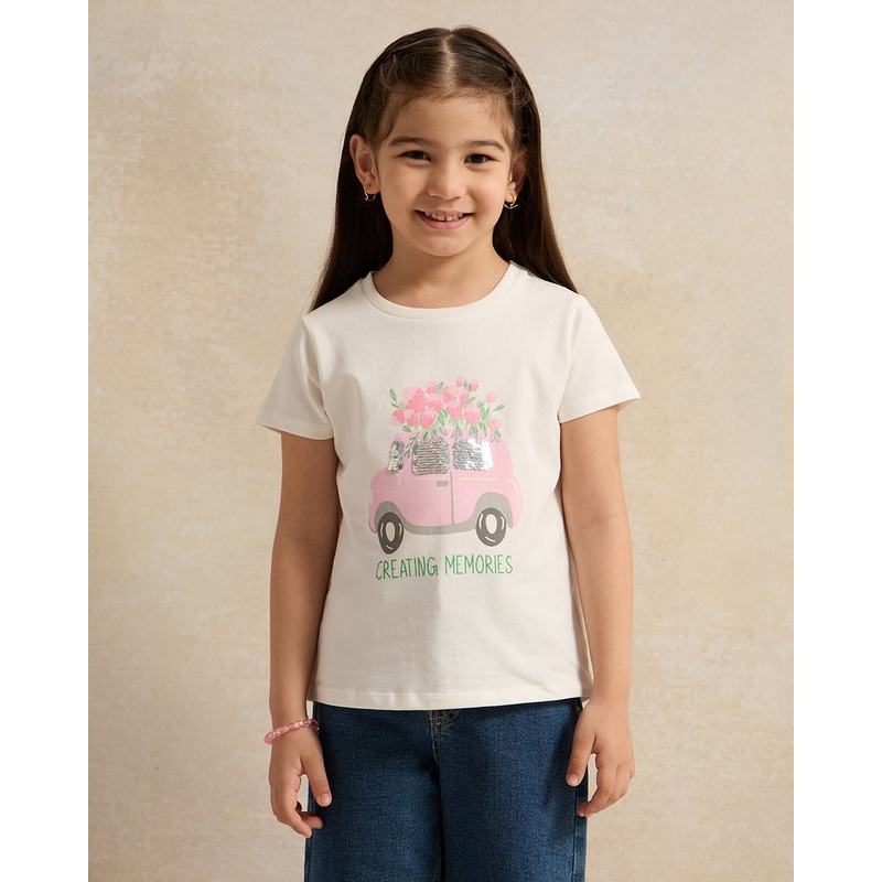 Girls White Car Print With Giltter Casual T-Shirt