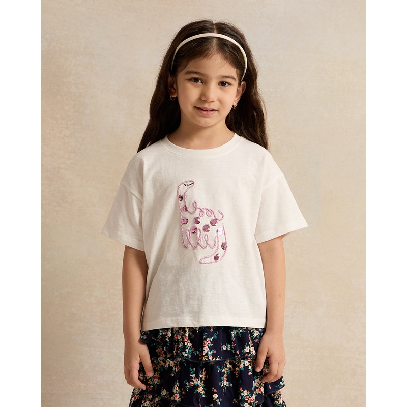 Girls White Dinosaur Embellished T-Sirt