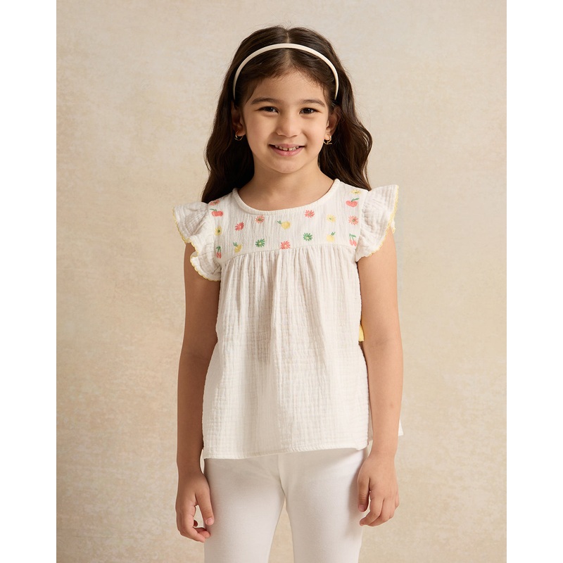 Girls White Embroidered Blouse With Tassels