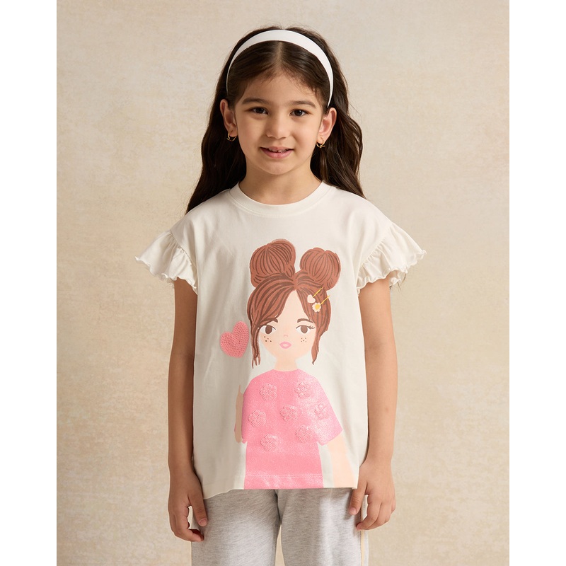 Girls White Girl Placement Print T Shirt With Frill Sleeve