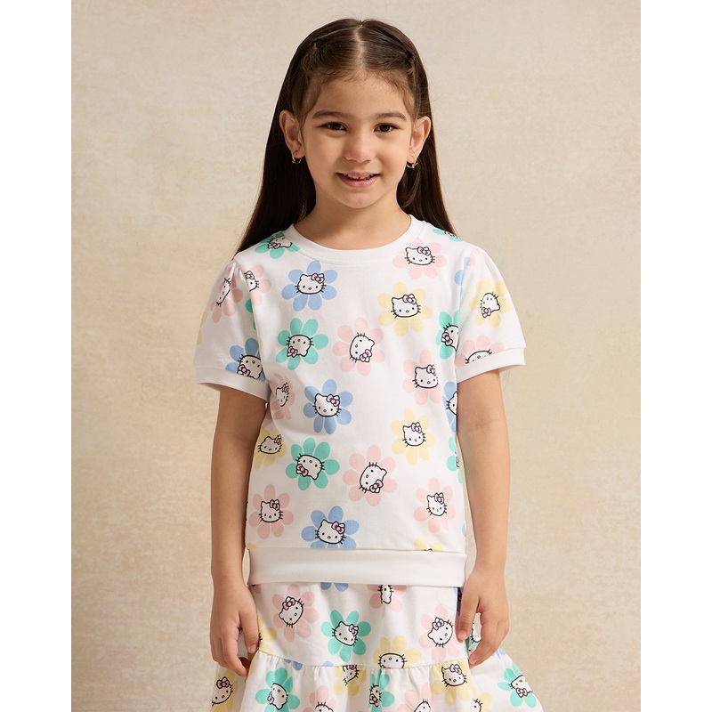 Girls White Hello Kitty Print Puff Sleeve T Shirt