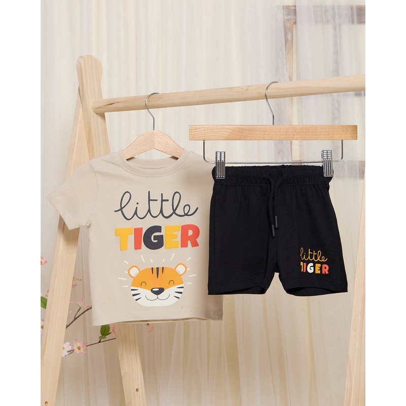 Infant Boys Beige And Black Printed Set (2 Piece)
