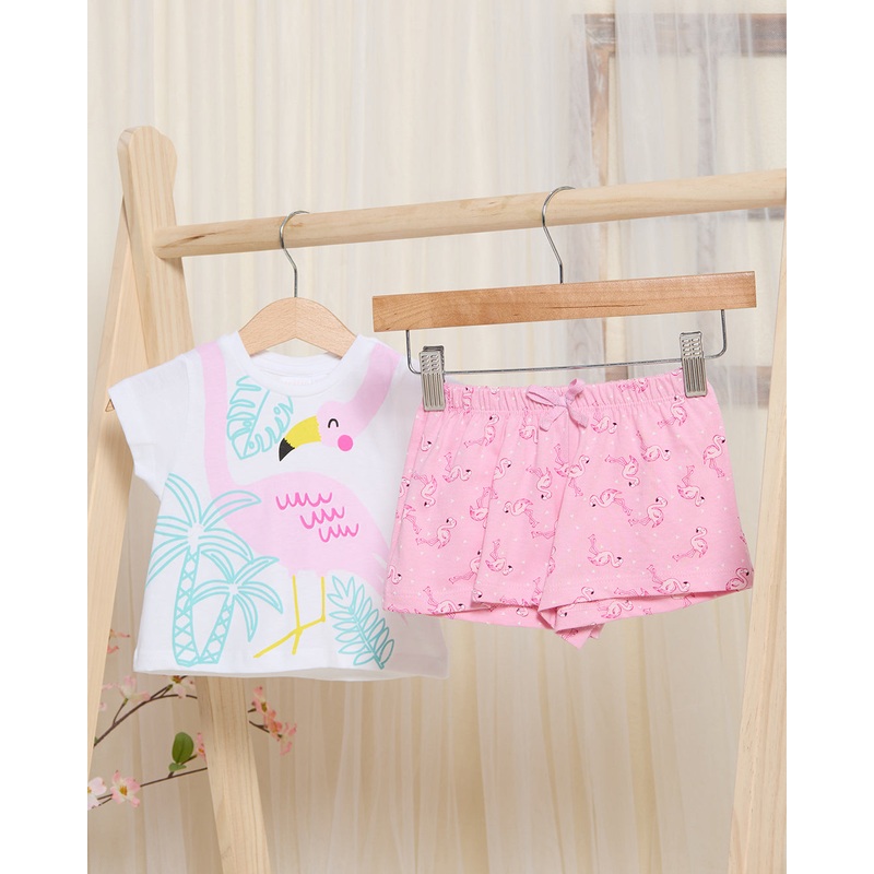 Infant Girls White And Pink Printed Short Set (2 Piece)