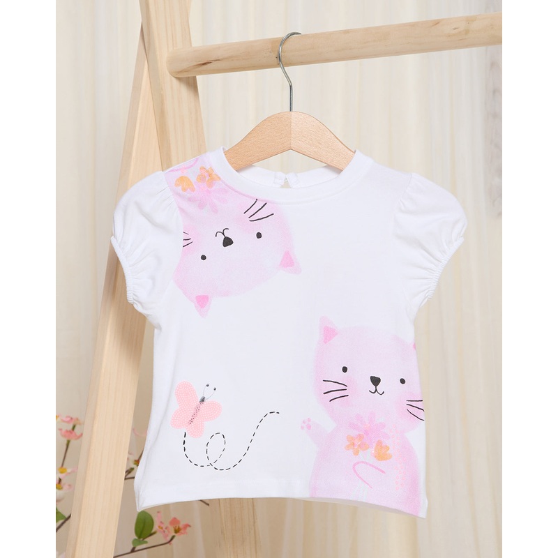 Infant Girls White Cute Cats Print T-Shirt