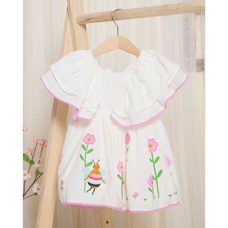 Infant Girls White Dress with Frills And Ladybug Applique