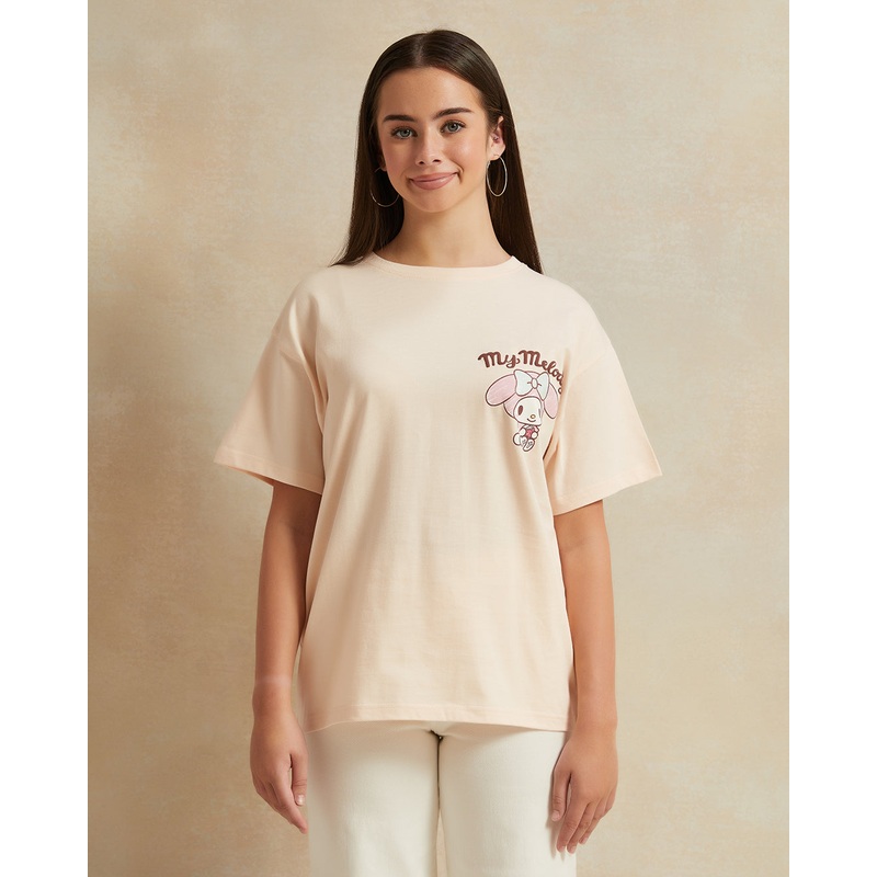 Senior Girls Beige Over Size Printed T-shirt