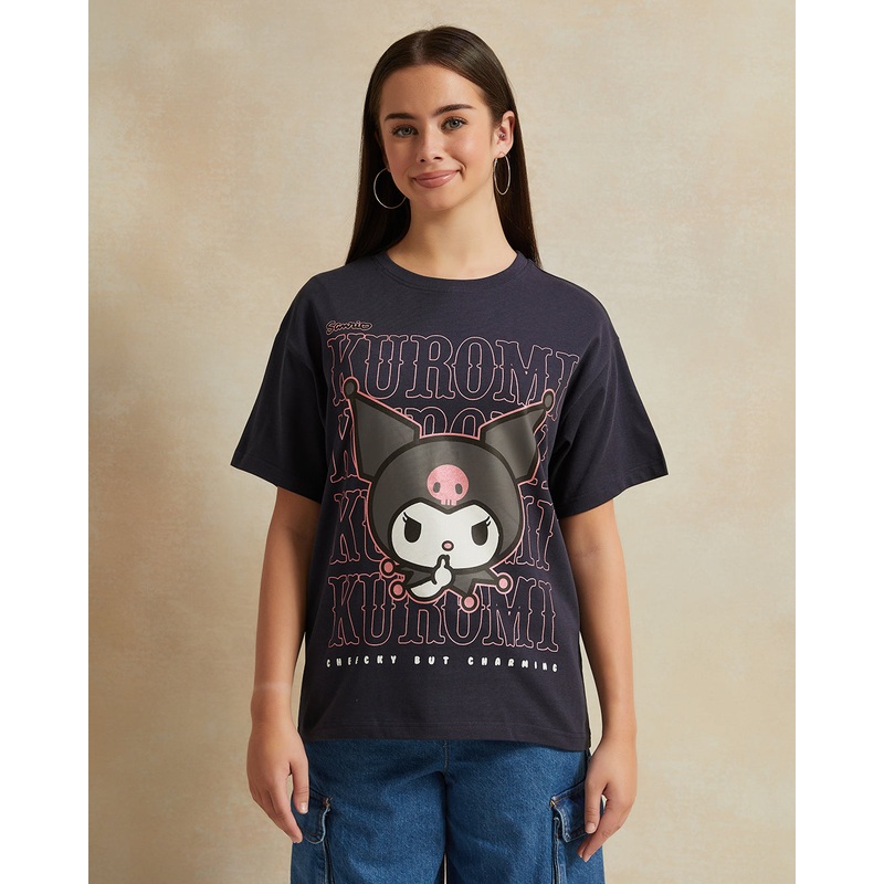 Senior Girls Black Over Size Printed T-shirt