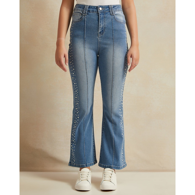 Senior Girls Blue Flared Jeans With Pearls