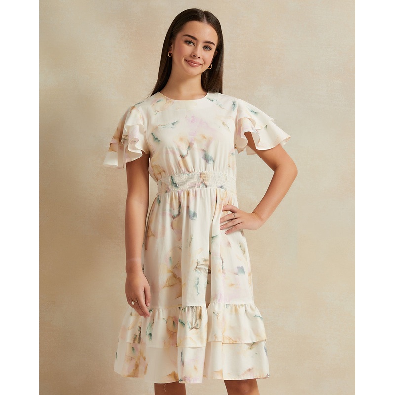 Senior Girls Cream Printed Dress