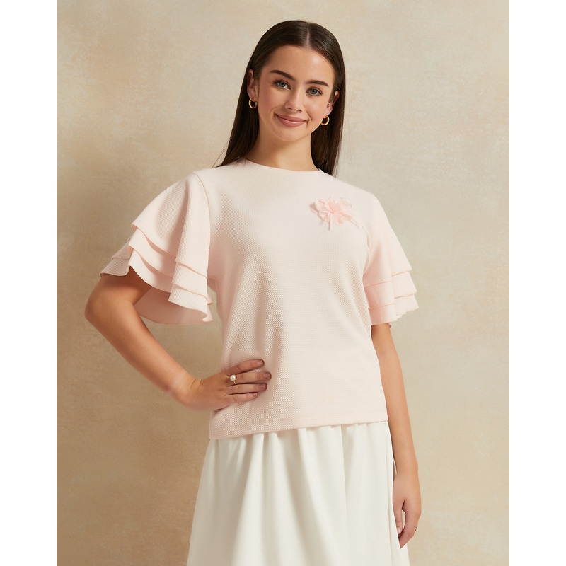 Senior Girls Peach Ruffled Sleeve Top With Flower