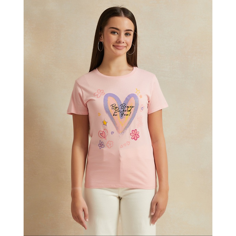Senior Girls Pink Heart Print T-Shirt