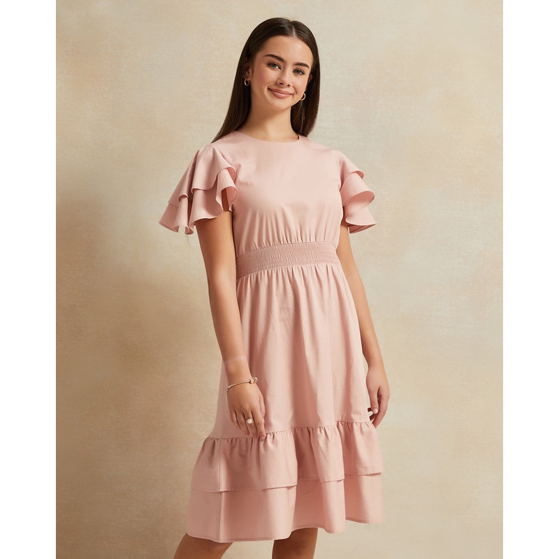 Senior Girls Pink Ruffled Sleeve Dress