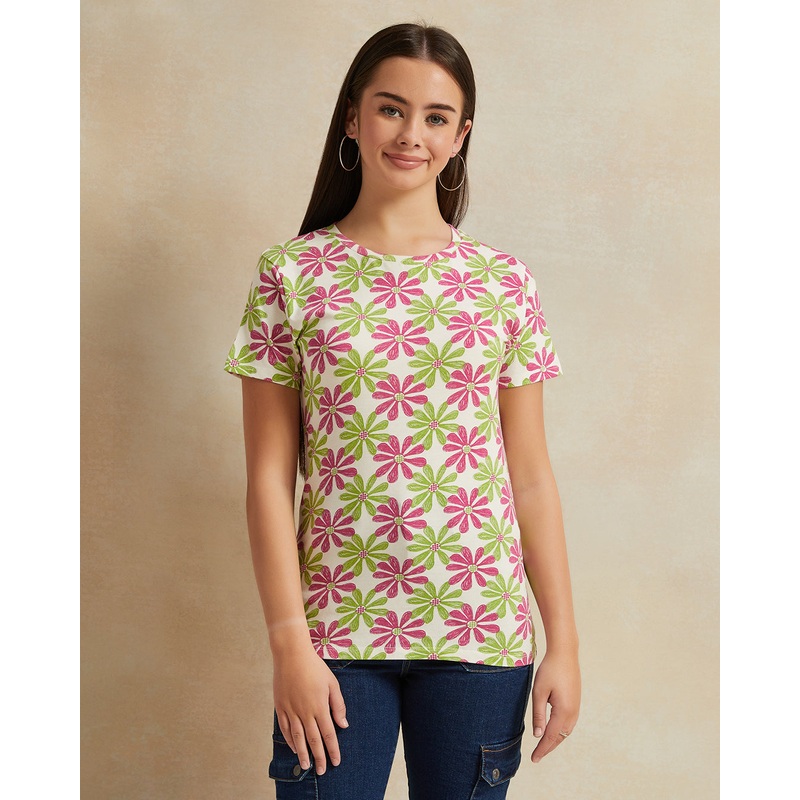 Senior Girls Purple And Green Printed T-Shirt