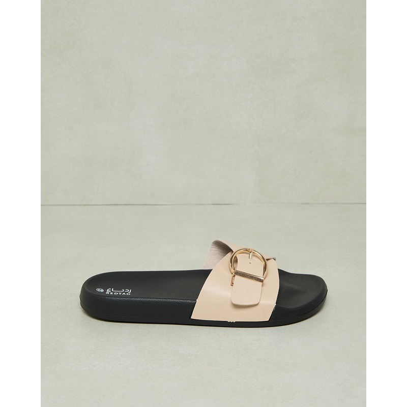 Women Beige Buckle Trim Slide|EU36|EU37|EU38|EU39|EU40|EU41