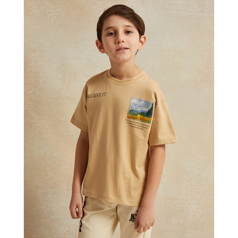 Boys Beige Patch Print Loose Fit T-Shirt