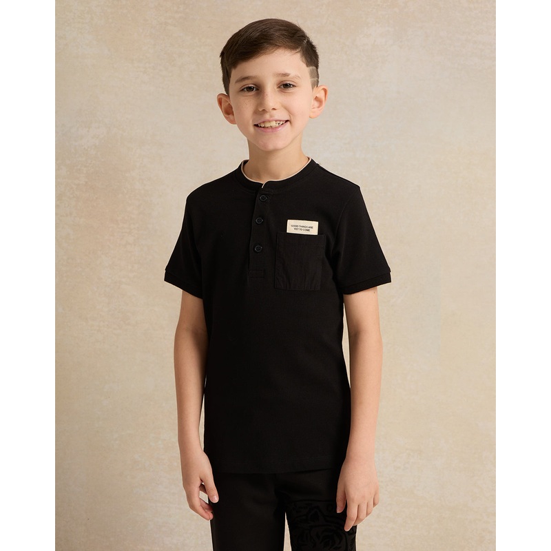 Boys Black Mandarin Collar Polo Shirt