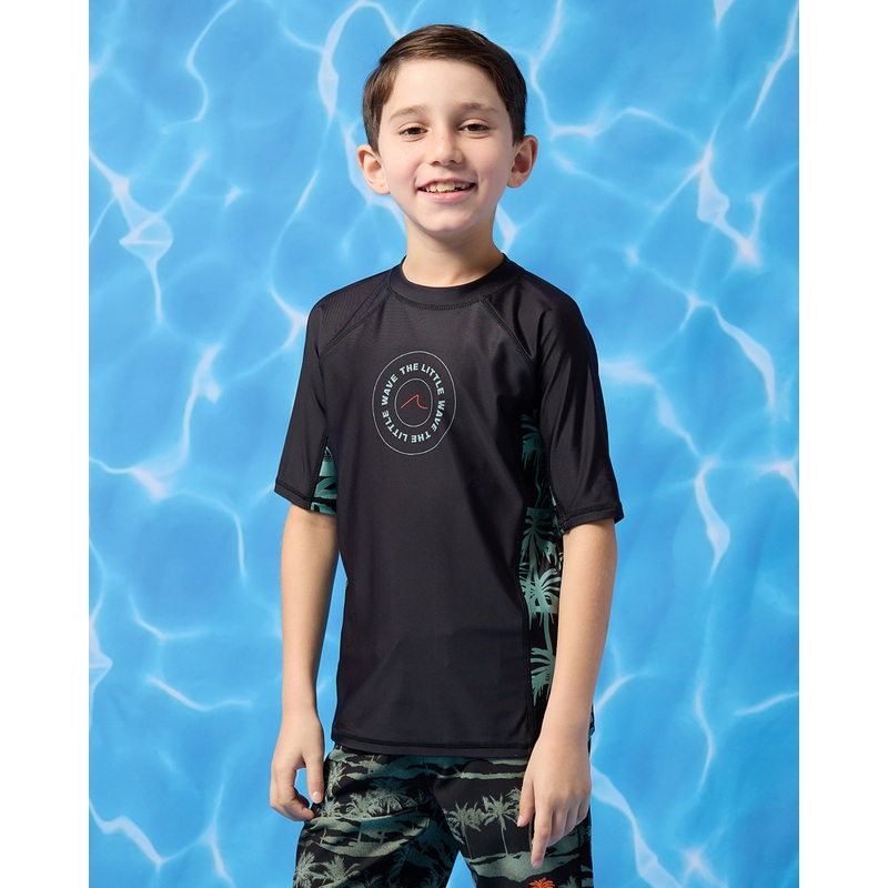 Boys Black Palm Print Rash Guard Swimwear T-Shirt