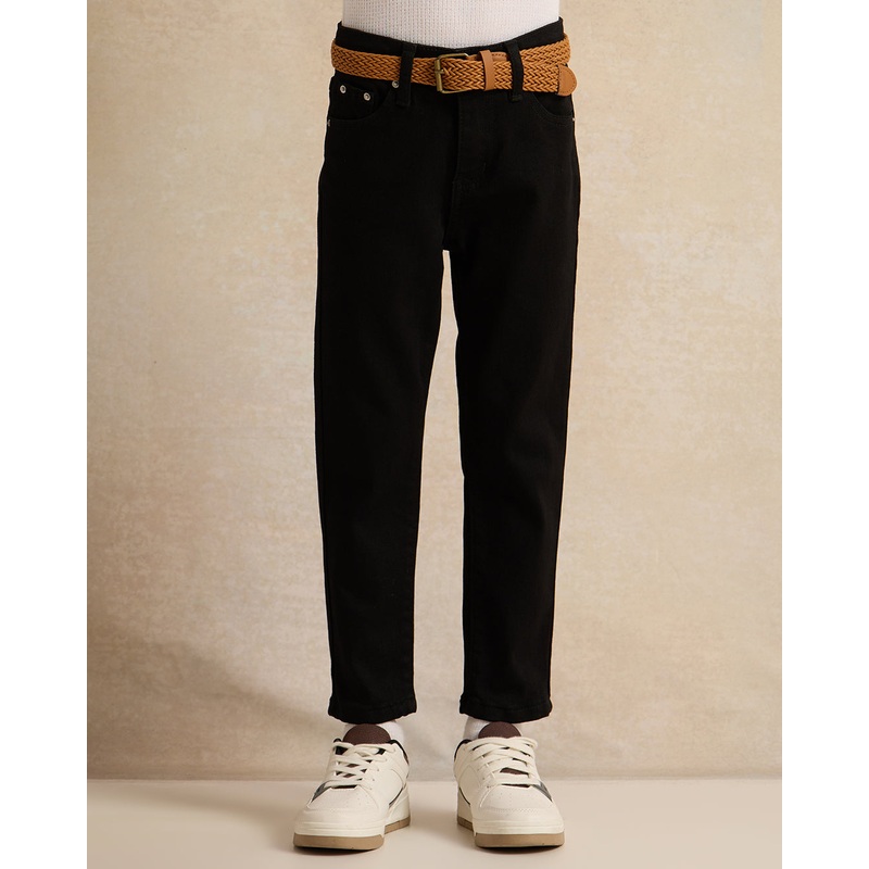 Boys Black Plain Belted Trouser