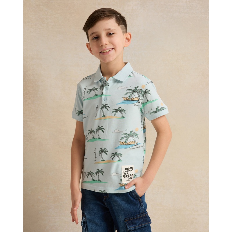 Boys Blue Printed Polo T-Shirt