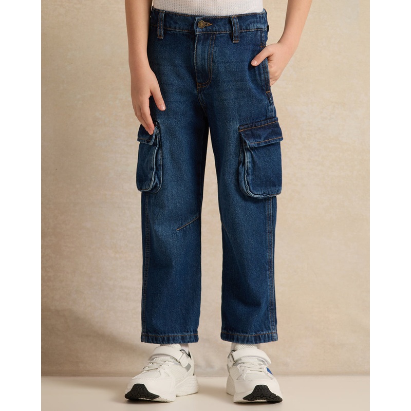 Boys Navy Cargo Pocket Wide Leg Jeans
