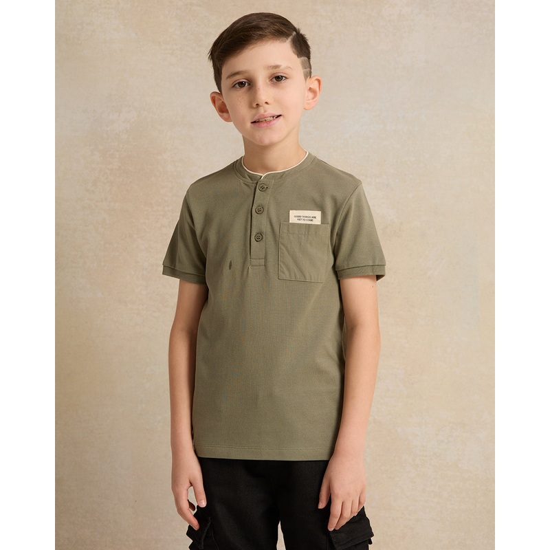Boys Olive Mandarin Collar Polo Shirt