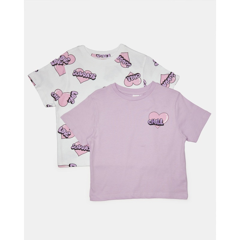 Girls Lilac And White Printed T-Shirt Set (Pack of 2)