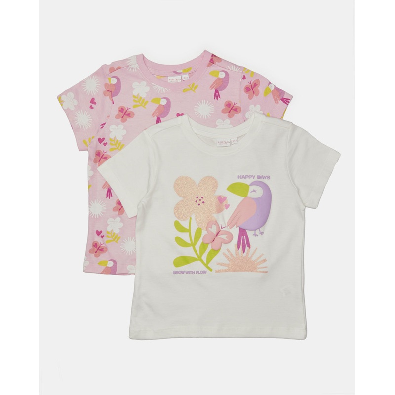 Girls Pink And White Printed T-Shirt Set (Pack of 2)