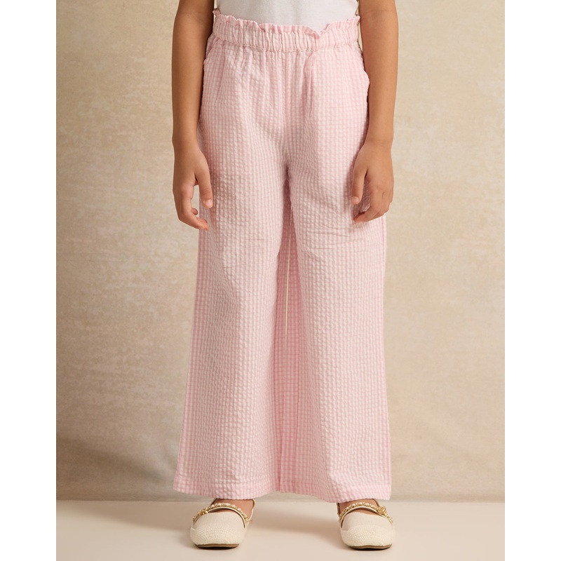 Girls Pink Checkered Wide Leg Trouser